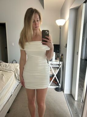 Off-Shoulder White Ruched Bodycon Dress